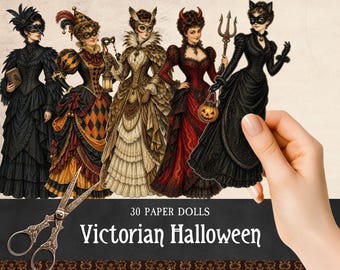 Victorian Women in Halloween Costumes Fussy Cuts, Printable Paper Dolls for Scrapbooking, Vintage Ladies in Festive Dresses Ephemera