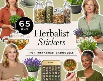 Adesivi carosello Instagram per erboristi, piante ed erbe aromatiche Canva Elements, grafica virale per social media con bordo bianco per creatori di benessere