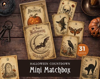 Könnte beinhalten: Ein Halloween-Countdown-Set mit einer Streichholzschachtel und 31 Karten mit Illustrationen im Vintage-Stil von einem Kürbis, Totenkopf, einer Hexe, Motte, einem Raben, Grabstein und einer schwarzen Katze sowie Kerze und Schlüsseln.