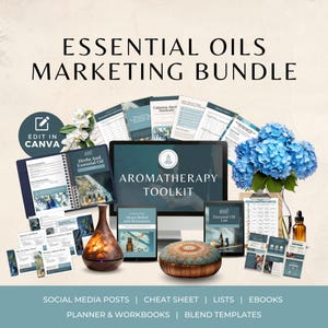Könnte beinhalten: Ein digitales Marketing-Paket für Unternehmen, die ätherische Öle verkaufen. Das Paket beinhaltet Social-Media-Posts, Spickzettel, Listen, E-Books, Planer, Arbeitsbücher und Mischvorlagen. Das Bild zeigt einen Computerbildschirm mit den Worten "Aromatherapy Toolkit" und eine Vielzahl anderer digitaler Produkte.