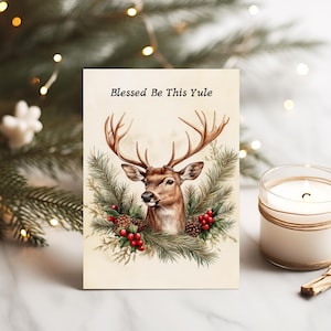 Tarjeta de ciervo del solsticio de invierno, postal navideña de animales del bosque imprimible, impresión de ciervo pagano para la temporada navideña, saludos festivos de Navidad