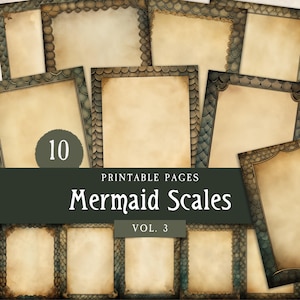 Puede incluir: Diez páginas imprimibles con un borde de escamas de sirena. Las páginas son beige con un borde marrón claro. El texto "10 Printable Pages Mermaid Scales Vol. 3" está en la parte inferior de la imagen.