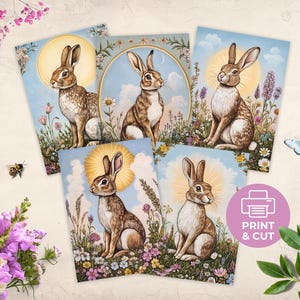 Ostara Cards Set, Printable Easter Bunny Greeting Card, Spring Equinox Hare Postcard, Whimsical Rabbit Art Print, Sabbat Altar Decoration