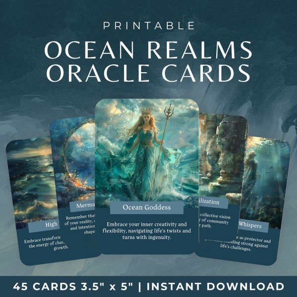 Baraja de cartas de Oracle oceánica imprimible, cartas bajo el mar con criaturas místicas, baraja de Oracle con temática submarina y náutica, descarga digital