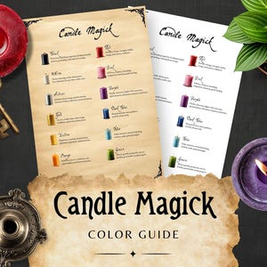 Op de afbeelding: Een kleurengids voor kaarsen getiteld "Candle Magick" met een verscheidenheid aan gekleurde kaarsen en hun betekenissen. De afbeelding bevat een rode kaars, een sleutel, een kandelaar en een brandende paarse kaars. De gids staat op perkamentpapier.