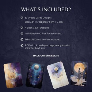 May include: A digital product listing titled WHAT'S INCLUDED? featuring 33 oracle card designs measuring 3.5 inches by 5 inches, 4 back cover designs, individual PNG files, an editable Canva version, and printable PDF files.