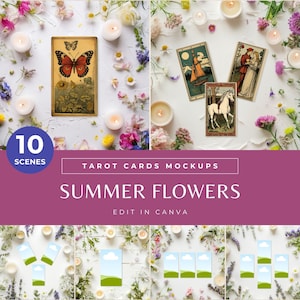 Flores de maquete de cartas de tarô, modelos de canva de verão para leitura de tarô, fundo digital floral e flatlay de primavera para negócios espirituais