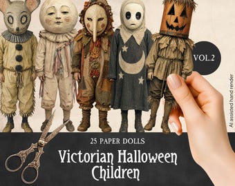 Creepy Children in Costumes Paper Dolls VOL2, Printable Victorian Halloween Fussy Cuts, Weird & Unique Ephemera, Surreal People Scrapbooking