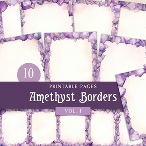Bordures de journal indésirable améthyste, cadres de pages de grimoire en cristal violet, papier imprimable vierge de pierres précieuses mystiques, ensemble de scrapbooking numérique
