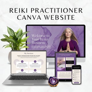 Plantilla de sitio web de Reiki Canva, sitio web espiritual de Canva para entrenadores, negocios de sanación para practicantes de Reiki, diseño de página de destino de color morado místico
