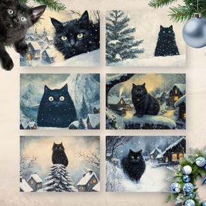 Zestaw świątecznych kartek Yule Cat, drukowane pogańskie kartki świąteczne, islandzkie wydruki folklorystyczne na zimowe przesilenie, alternatywne pocztówki świąteczne