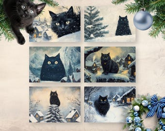 Yule Cat Holiday Cards Set, Printable Pagan Christmas Greeting Cards, Winter Solstice Icelandic Folklore Prints, Alternative Xmas Postcards