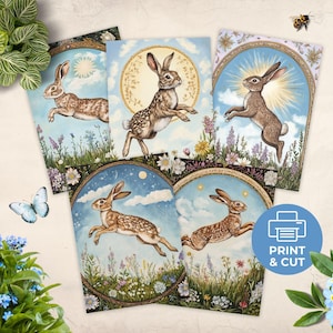Ostara Cards Set, Printable Easter Bunny Greeting Card, Spring Equinox Hare Postcard, Whimsical Rabbit Art Print, Sabbat Altar Decoration