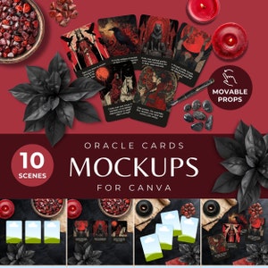 Könnte beinhalten: Ein Mockup mit Orakelkarten mit Illustrationen von Raben, Wölfen und Figuren in Rot und Schwarz. Die Karten sind mit Kerzen, Kristallen und dem Text "Oracle Cards Mockups for Canva" auf einem burgunderroten Hintergrund angeordnet.