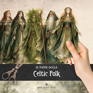 Puede incluir: Un conjunto de 20 muñecas de papel titulado Celtic Folk, con ilustraciones de figuras con túnicas y capas verdes, incluyendo un hombre barbudo con un bastón y mujeres de pelo largo. El set incluye tijeras de metal ornamentadas.