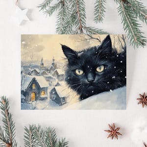 Yule Cat Christmas Card, Wydrukowana pocztówka z okazji zimowego przesilenia, Alternatywna świąteczna kartka z pozdrowieniami, Świąteczny nadruk sezonowy ze zwierzętami