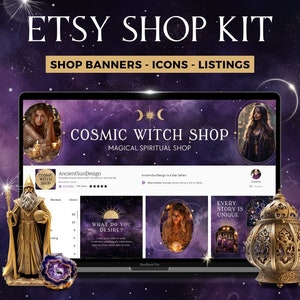 以下が含まれることがあります： 「Cosmic Witch Shop - Magical Spiritual Shop」というテキストが書かれた、紫と黒の宇宙をテーマにしたEtsyショップのバナーが、ラップトップの画面に表示されています。バナーは星と三日月で囲まれています。バナーの下には、クリスタル、キャンドル、本など、いくつかの小さな商品の画像があります。小さな画像の1つに「What do you desire?」というテキストが表示されています。別の小さな画像に「Every story is unique」というテキストが表示されています。