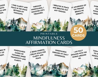 Mindful Living Affirmation Cards, Printable Mindfulness Card Deck, Daily Affirmations, Positive Quotes, Print Ready, Editable Canva Template