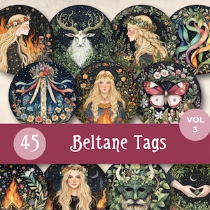 Etiquettes rondes Beltane, décoration printanière imprimable pour autel wicca, étiquettes cadeaux du sabbat païen, journal indésirable Wicca du 1er mai, éphémères du cercle des sorcières