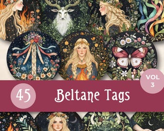 Ronde beltane-labels, afdrukbare lentewicca altaardecoratie, heidense Sabbat-cadeaulabels, May Day Wicca Junk Journal, efemere heksenkring