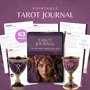 May include: A digital Tarot Journal with 63 pages, featuring a woman's portrait and the text "Tarot Journal." The image includes two ornate chalices and various tarot spread templates, all set against a purple backdrop.
