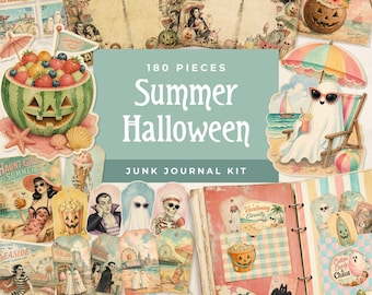 Summer Halloween Junk Journal Kit, Spooky Ephemera & Printable Scrapbooking Cards, Summerween Digital Papers and Pages with Borders JJ006