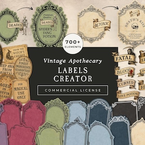 May include: A collection of vintage apothecary labels with ornate frames, banners, and illustrations. The labels feature text such as "Deadly," "Toxic," and "Elixir," along with images of skeletons, skulls, and witches. The image also includes the text "Vintage Apothecary Labels Creator."