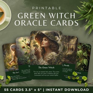 May include: Printable Green Witch Oracle Cards. The image shows five cards with illustrations of women, plants, and insects. The cards are 3.5" x 5" and the text says "55 Cards" and "Instant Download". A cup of tea and greenery are in the background.