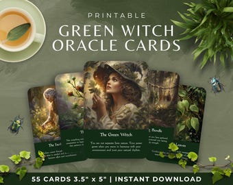 Mazzo di carte dell'Oracolo della Strega Verde, carte stampabili del folklore della foresta e della natura, mazzo di carte di piante ed erbe Wiccan, strumento di divinazione pagana spirituale