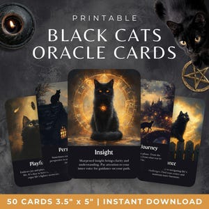 Mazzo di Oracoli dei Gatti Neri, Carte Stampabili degli Animali Spirituali Felini, Carte dell'Oracolo Familiare della Strega Mistica, Strumento di Divinazione per gli Amanti dei Gatti del Dark Fantasy