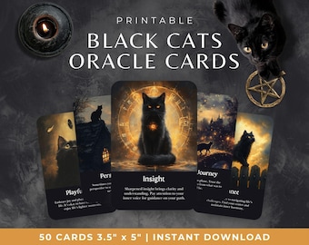 Puede incluir: Baraja de cartas de oráculo Black Cats imprimible con 50 cartas, cada una con una ilustración de un gato negro y un título. Las cartas miden 8,9 cm por 12,7 cm. Las cartas se muestran sobre un fondo gris oscuro con un gato negro y un pentagrama.