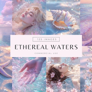 Spiritual Stock Photos, Mystical Ocean Social Media Images, Pastel Pink & Blue Faceless Digital Marketing, Ethereal Dreamy Beach Graphics