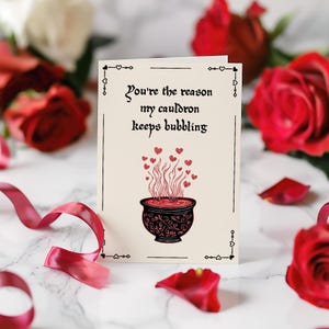 Witchy Valentinstag Karte, druckbare Kessel Postkarte für Hexen & Magie Liebhaber, Vintage heidnische Grußkarte, einzigartiges Jahrestagsgeschenk für Paare