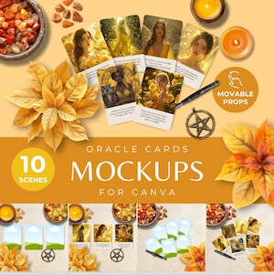 Maqueta de tarjeta Oracle, elementos creadores de escenas de brujas amarillas y naranjas, plantilla Canva de cubierta Oracle con gráficos PNG móviles, Flatlay espiritual