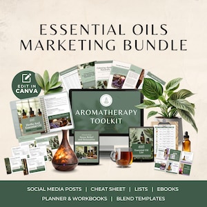Paquete de marketing de aromaterapia, perfil de aceites esenciales y hoja de referencia, plantillas holísticas de Instagram, planificador imprimible de hierbas y aceites