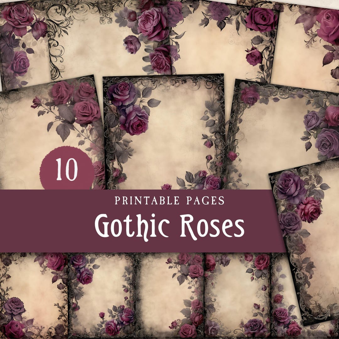 Purple Gothic Roses Junk Journal Paper, Goth Flowers Printable Grimoire ...