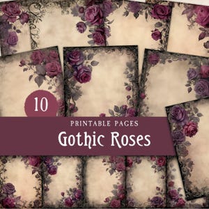 Purple Gothic Roses Junk Journal Paper, Goth Flowers Afdrukbare Grimoire-pagina's, Dark & Moody Witchy Florals Scrapbooking Kit voor Halloween