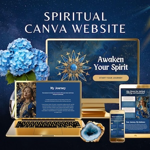 Spirituele Canva-website, blauwe en gouden websitesjabloon voor coach en genezer, tarotlezer bewerkbaar Canva-web, Witchy Business-bestemmingspagina
