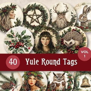 Yule Christmas ronde tags, afdrukbare Wicca kerstboomversieringen, winterzonnewende Witchy ephemera, feestelijke heidense junk Journal plakboekset