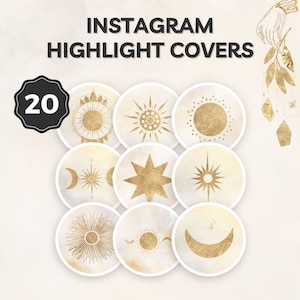 May include: Set of 20 gold and white Instagram highlight covers featuring various celestial designs, including moons, stars, and suns.