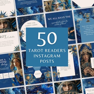 Ritratto di post Instagram di lettore di tarocchi, feed di Facebook di lettura dei tarocchi blu e oro, contenuti dei social media per attività spirituali, modello Canva