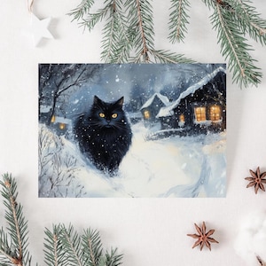 Tarjeta de felicitación de gato de Yule, postal navideña imprimible del solsticio de invierno, tarjeta pagana navideña alternativa, impresión festiva de animales de temporada