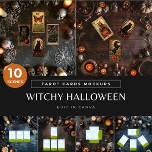 Maqueta de cartas de tarot para Halloween, plantillas espeluznantes de Canva para lectura de tarot, fondo digital brujo y plano espeluznante para negocios espirituales