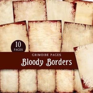 Papel de diario basura con bordes sangrientos, páginas de grimorio vacías con salpicaduras de sangre, kit de álbumes de recortes imprimible con temática de vampiros del Libro de las sombras