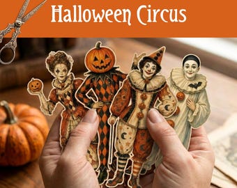Halloween Carnival Paper Dolls Scrapbooking, Printable Whimsical Circus Fussy Cuts, Victorian Clowns & Vintage Pumpkin Perfomers Ephemera