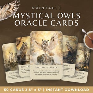 Cartes Oracle hibou, jeu de cartes Oracle à imprimer avec hiboux mystiques, jeu de cartes spirituelles fantastiques oiseaux de proie, jeu de cartes Oracle de sagesse guide animal spirituel