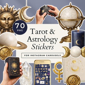 May include: A collection of tarot and astrology-themed stickers and graphics. Includes a golden sun, moon, and zodiac symbols, along with a globe, candle, and tarot cards. The text reads "Tarot & Astrology Stickers" and "For Instagram Carousels".
