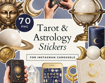Adesivi carosello Instagram di astrologia e tarocchi, elementi Canva per segni lunari e zodiacali, grafica spirituale celeste per social media con contorno