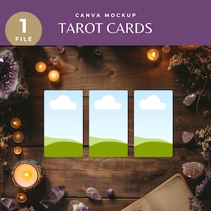 Modello di carta dei tarocchi mistico, modello di Canva stregonesco per la lettura dei tarocchi, mazzo di tarocchi magico drag & drop, cristalli flatlay per attività spirituali