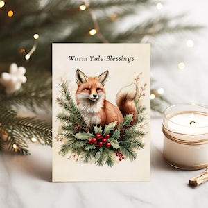 Carte imprimable Solstice d'hiver, bénédictions de Noël de renard et de houx, impression païenne de vacances de Noël d'animal de forêt, carte postale festive de région boisée de Yuletide